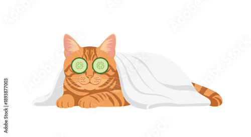 Pampered Ginger Cat Resting Under a Cozy White Blanket with Cucumber Eye Soothing Treatment in Wellness Theme.