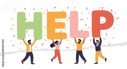Diverse People Holding "HELP" Letters. Teamwork Concept. Flat Vector Illustration. Support and Assistance.