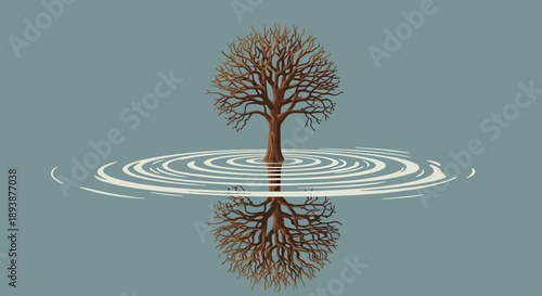 Tree in Still Water: A solitary tree, its branches reaching towards the sky, finds perfect reflection in calm water, evoking tranquility and introspection.