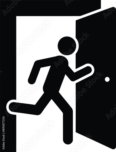 A black and white icon of a person running through an open door quickly