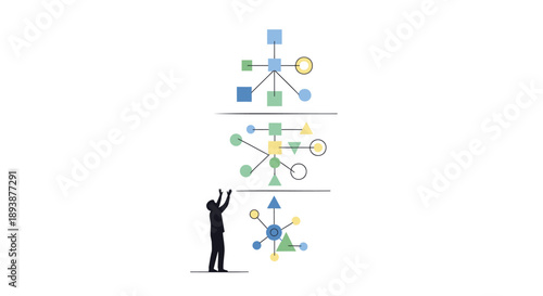 Vector illustration of a person interacting with floating business network diagrams