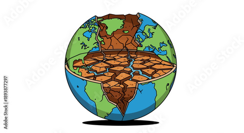 Cracked Earth Globe: An illustration depicts a cross-section of Earth, its surface cracked and parched, a visual metaphor for environmental devastation and climate change
