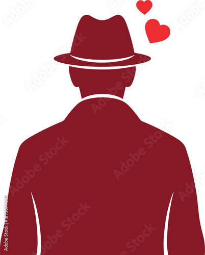 A silhouette of a man in a fedora hat with hearts above his head