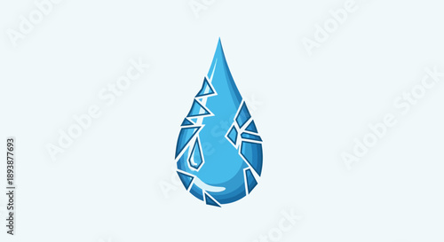 Fractured Aqueous Reflection: A single, stylized teardrop with a unique fractured pattern, symbolizing fragility, environmental issues, or abstract concepts, set against a simple backdrop. 