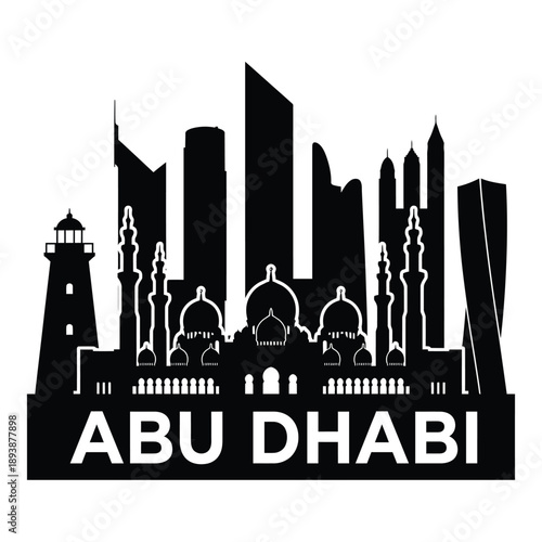 Black silhouette of abu dhabi skyline with iconic buildings and text