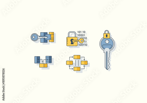 Vector Ilustration Icon Concept Data Security and Encryption Icons - Key, Lock, and Network.