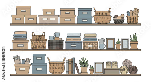 Modern Home Organization Shelves Featuring Woven Baskets Boxes Potted Plants and Books in Soft Earth Tones.