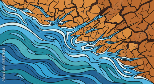 The stark contrast of water and earth: Illustrative imagery showcases water encountering arid land. Depicting a scene of environment 