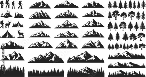 Mountain adventure silhouette set with hikers, trees, wildlife and camping elements isolated on white background, outdoor nature landscape illustration vector collection