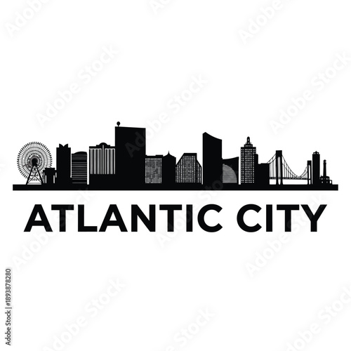 Silhouette of atlantic city skyline with landmark buildings and text