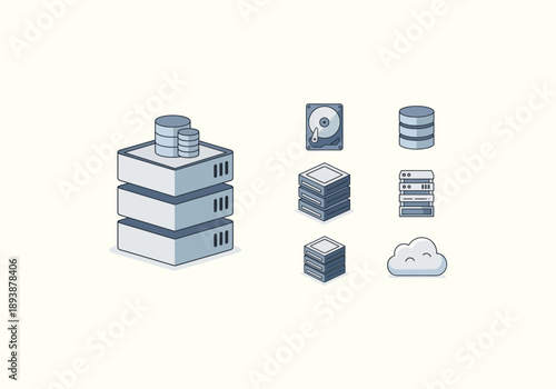 Vector Ilustration Icon Concept Data Storage and Server Infrastructure Icons for Cloud Computing.