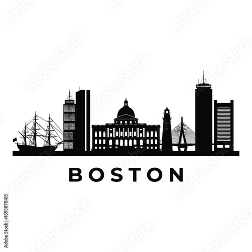 A black silhouette of boston s skyline featuring iconic buildings and a ship