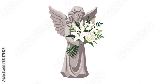Classical Stone Angel Statue Holding a Vibrant Bouquet of White Lilies and Roses in a Detailed Illustration.