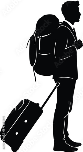 Silhouette of a man with a backpack and luggage