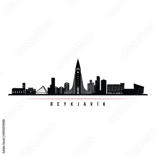A striking black silhouette of the reykjavik skyline with city name