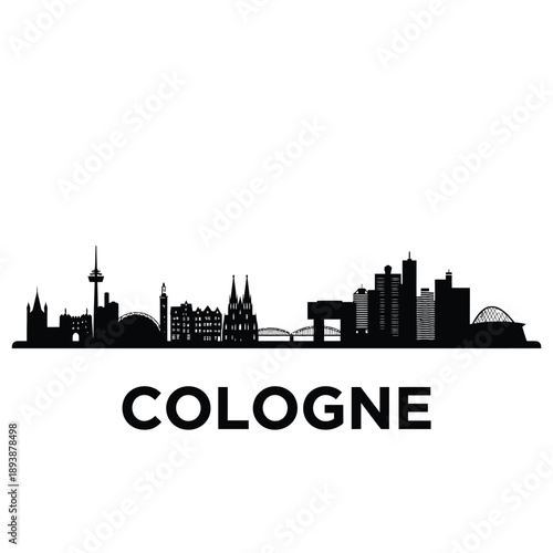 A striking black silhouette of the cologne city skyline with its name
