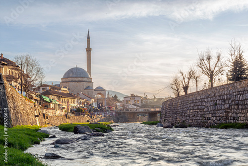 Картината върху платно View of sinan pasha mosque by the river in Prizren, Kosovo during evening light