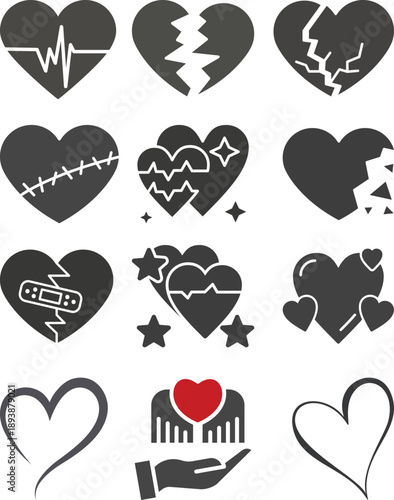 Heart Icons Set Showing Love, Breakup and Health Emotions. Trust, passion, valentine, honesty, culture, and commitment symbol icon for web and app template design.
