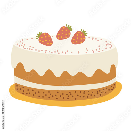Easter cake with white icing and strawberries, sweet dessert vector illustration isolated on white