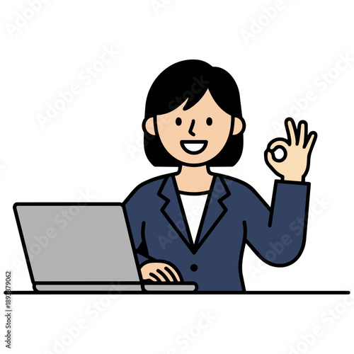 ノートパソコンを操作しながら、にこやかにOKサインを送るスーツの女性です。清潔感のある滑らかな質感の描写が、ビジネスへの活力と成功への希望を感じさせます。信頼感のある雰囲気で、前向きな進歩を伝える広告や資料に最適です。