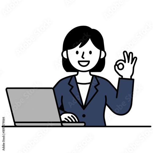 ノートパソコンを操作しながら、にこやかにOKサインを送るスーツの女性です。清潔感のある滑らかな質感の描写が、ビジネスへの活力と成功への希望を感じさせます。信頼感のある雰囲気で、前向きな進歩を伝える広告や資料に最適です。