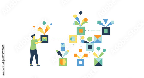 Vector illustration of a person interacting with colorful geometric shapes