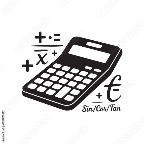 A black and white illustration of a calculator with mathematical symbols around it