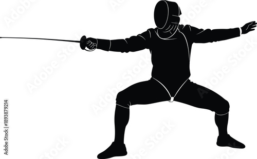 Fencer silhouette in fencing pose isolated on white background, sword sport athlete action illustration for competition training concept vector design