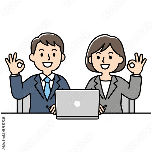 ノートパソコンを前に、にこやかにOKサインを掲げるビジネスパーソンの男女です。シンプルで滑らかな描写が、チームの調和と目標達成への輝きを表現しています。協力してプロジェクトを成功へ導く、ポジティブな未来を象徴する一枚です。