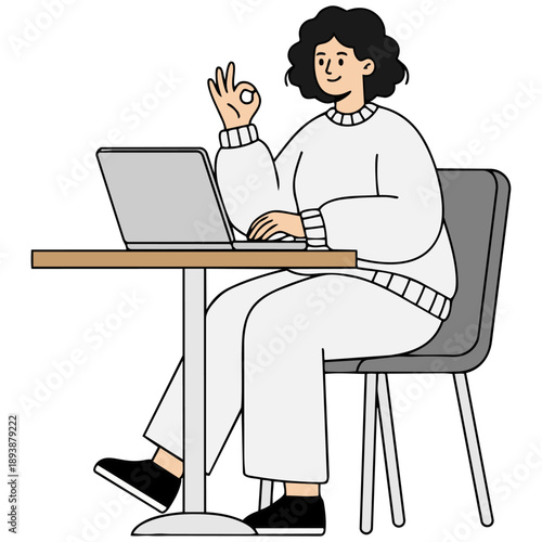 ノートパソコンを操作しながら、にこやかにOKサインを送る女性です。清潔感のある滑らかな質感の描写が、ビジネスへの活力と成功への希望を感じさせます。信頼感のある雰囲気で、前向きな進歩を伝える広告や資料に最適です。