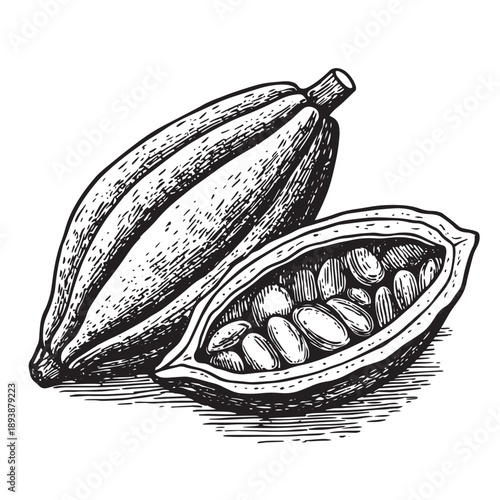 Detailed hand-drawn sketch of two ripe cocoa pods, one whole and one split open revealing seeds, in a classic engraving style on a white background