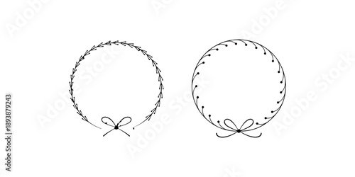 Set of two hand drawn wreath frames with thin branches leaves and a bow tie black outline vector illustration isolated on white background