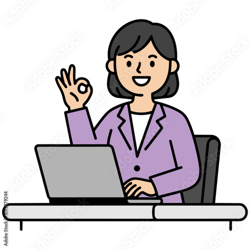 ノートパソコンを操作しながら、にこやかにOKサインを送るスーツの女性です。清潔感のある滑らかな質感の描写が、ビジネスへの活力と成功への希望を感じさせます。信頼感のある雰囲気で、前向きな進歩を伝える広告や資料に最適です。