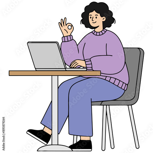 ノートパソコンを操作しながら、にこやかにOKサインを送る女性です。清潔感のある滑らかな質感の描写が、ビジネスへの活力と成功への希望を感じさせます。信頼感のある雰囲気で、前向きな進歩を伝える広告や資料に最適です。