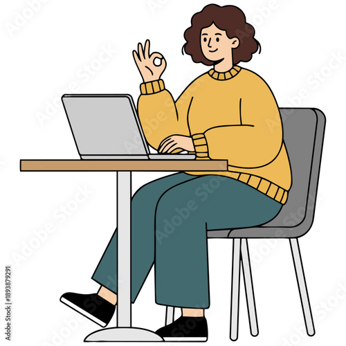 ノートパソコンを操作しながら、にこやかにOKサインを送る女性です。清潔感のある滑らかな質感の描写が、ビジネスへの活力と成功への希望を感じさせます。信頼感のある雰囲気で、前向きな進歩を伝える広告や資料に最適です。