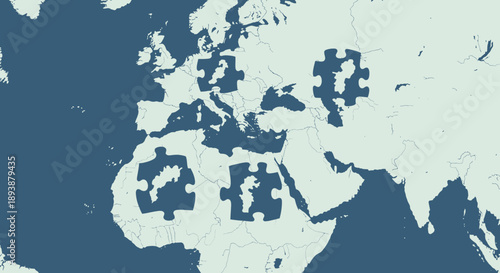 Global Puzzle of Connections: A geographical view of the world with jigsaw puzzle pieces overlaid onto countries, representing interconnectedness and the linking of nations in a global context. 