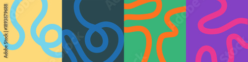 Set of four minimalist abstract square backgrounds with vibrant, playful winding lines and bold color palettes. Perfect for social media and covers.