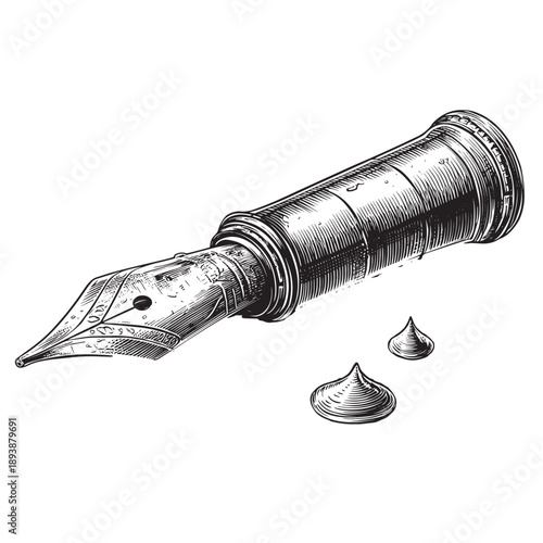 Antique brass fountain pen with fine nib poised to write, elegantly detailed with ink splatters, classic vintage sketch, perfect for literary themes