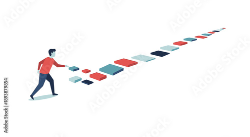 Vector illustration of man building a colorful puzzle