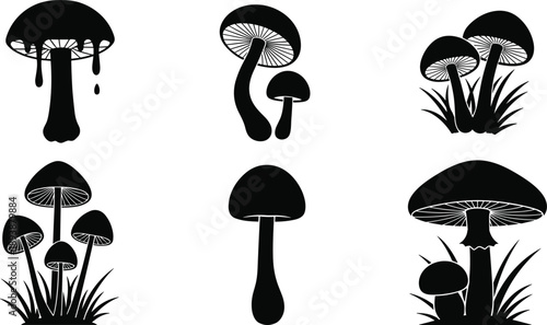 mushroom, silhouette, black, white, icon, illustration, vector, design, symbol, fungi, nature, forest, spore, cap, stem, grass, cluster, fantasy, botanical, wild, organic
