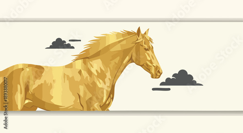 Golden Horse Illustration. Majestic Digital Art. Metallic Texture. Banner Background.