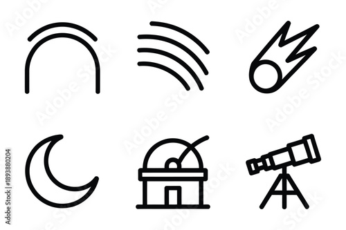 Celestial icons: crescent moon, comet, and telescope