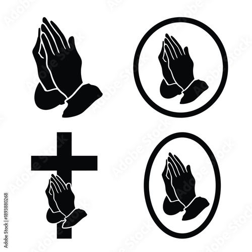 Praying hands and religious symbols in monochrome vector illustration