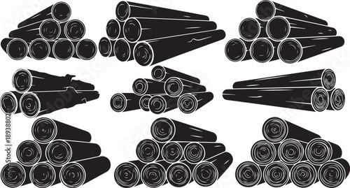 Black and white illustration of various pipe bundles stacked