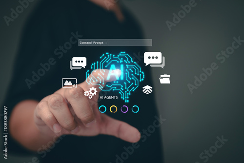 Businessmen are using smartphones with state-of-the-art AI interfaces. Concepts about artificial intelligence, AI assistants, machine learning of creative AI. Data management with AI