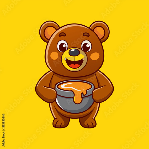 Cute brown bear holding honey pot with a big smile on yellow background