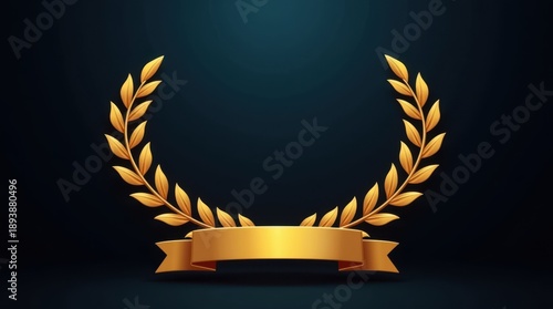 Golden laurel wreath with ribbon on dark background