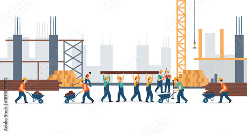 Busy Construction Site Featuring Workers Operating Machinery and Carrying Materials Near Large Industrial Cranes.