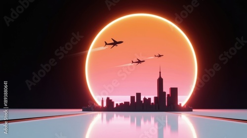 Silhouette of city skyline and fighter jets against a large glowing sunset