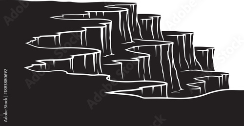 Black and white illustration of abstract rocky cliff landscape